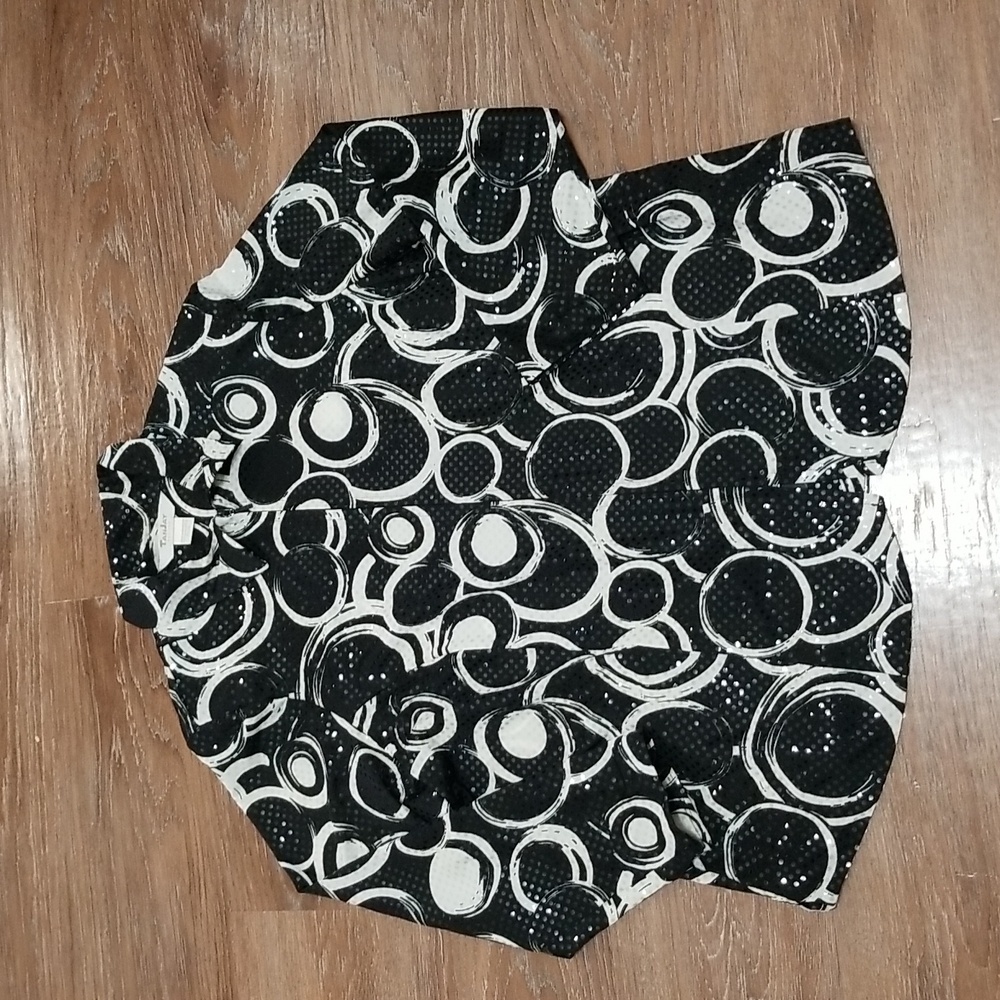 (L) TanJay Abstract Art Deco Padded Shoulder Top Business Casual Contemporary
